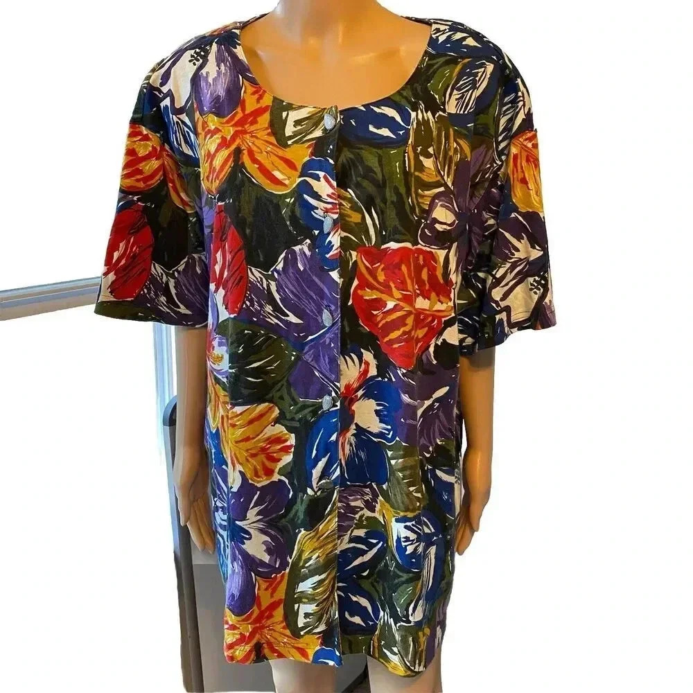 VTG McNaughton Watercolor Painted Floral Tunic Button Up Shirt Art to Wear 2X